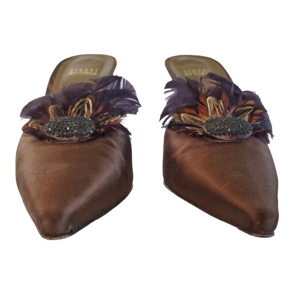 Stuart Weitzman Brown Satin Mule Heels Size 9 Pointy Toes Embellished Feathers - Picture 10 of 12
